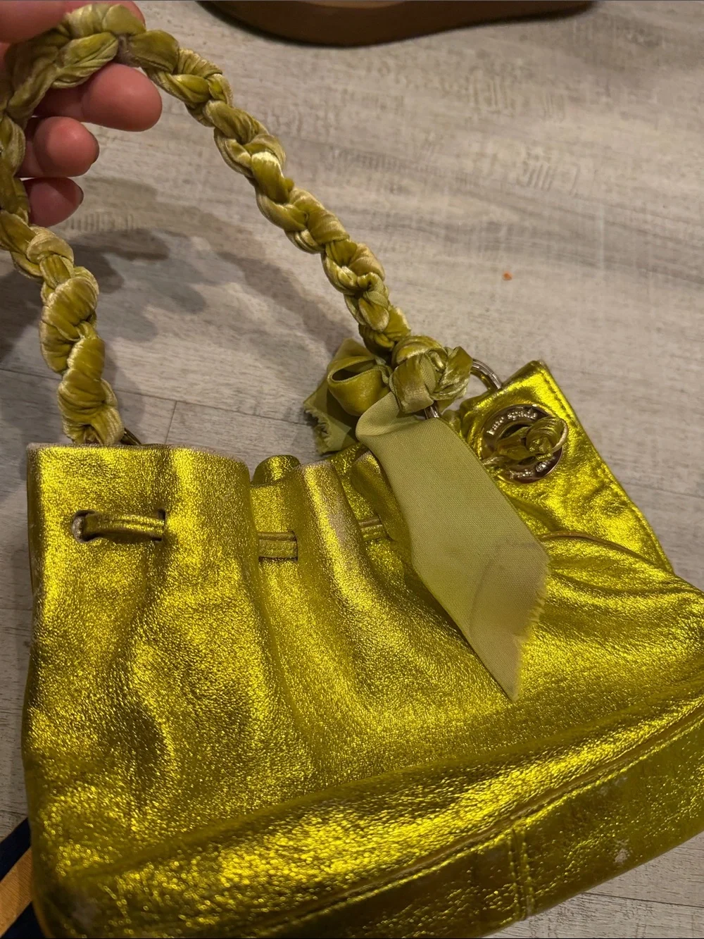 Kate spade metallic + velvet Drawstring Bag in Chartreuse